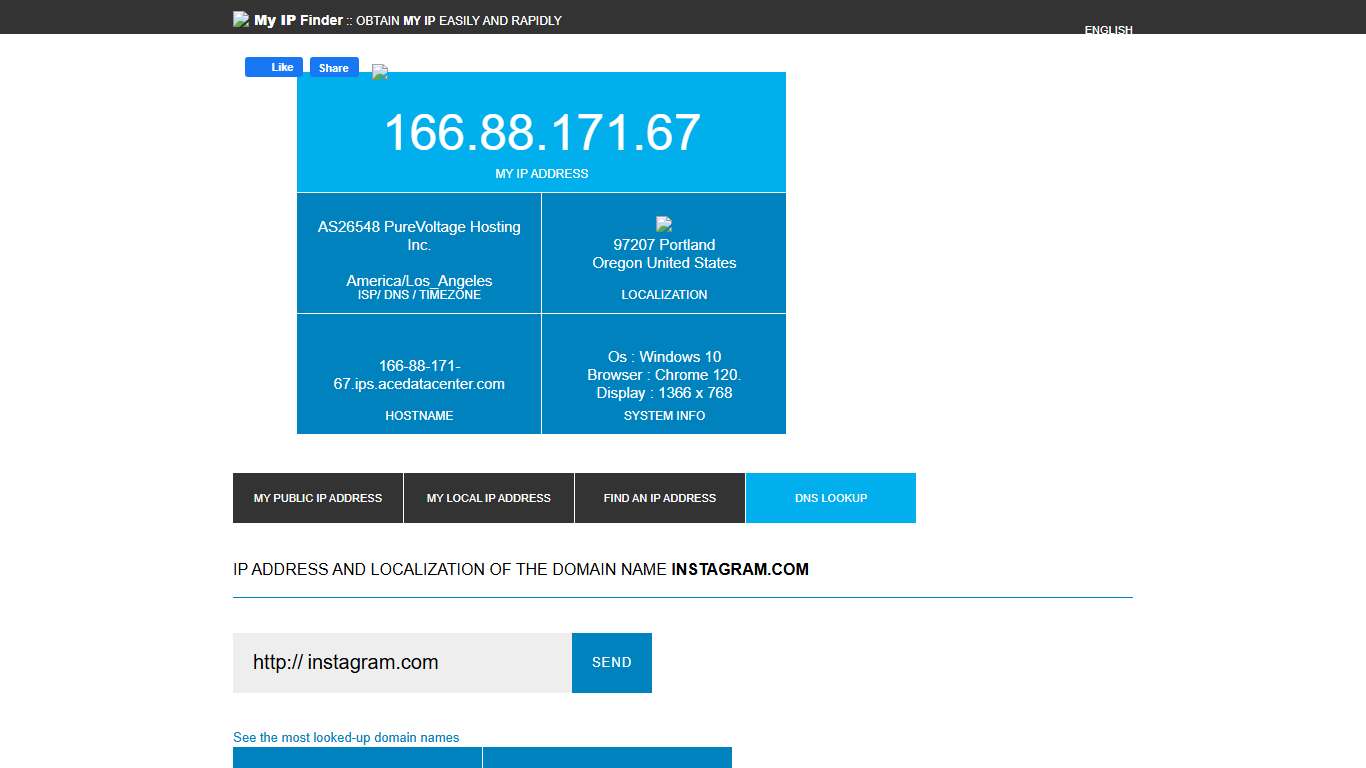 IP address 179.60.195.174 of domain instagram.com and DNS information 179.60.195.174